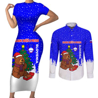 Slovenia Christmas Couples Matching Short Sleeve Bodycon Dress and Long Sleeve Button Shirt with Bear Potica Cake Snowy Tree and National Emblem Design - Wonder Print Shop