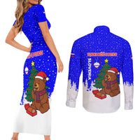 Slovenia Christmas Couples Matching Short Sleeve Bodycon Dress and Long Sleeve Button Shirt with Bear Potica Cake Snowy Tree and National Emblem Design - Wonder Print Shop