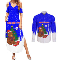 Slovenia Christmas Couples Matching Summer Maxi Dress and Long Sleeve Button Shirt with Bear Potica Cake Snowy Tree and National Emblem Design - Wonder Print Shop
