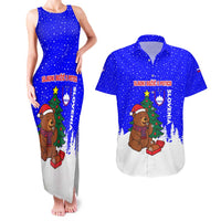 Slovenia Christmas Couples Matching Tank Maxi Dress and Hawaiian Shirt with Bear Potica Cake Snowy Tree and National Emblem Design - Wonder Print Shop