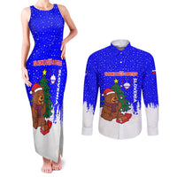 Slovenia Christmas Couples Matching Tank Maxi Dress and Long Sleeve Button Shirt with Bear Potica Cake Snowy Tree and National Emblem Design - Wonder Print Shop