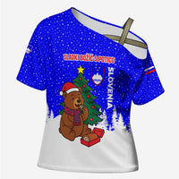 Slovenia Christmas Cross Shoulder Shirt with Bear Potica Cake Snowy Tree and National Emblem Design - Wonder Print Shop