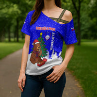Slovenia Christmas Cross Shoulder Shirt with Bear Potica Cake Snowy Tree and National Emblem Design - Wonder Print Shop