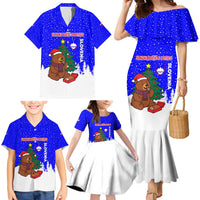 Slovenia Christmas Family Matching Mermaid Dress and Hawaiian Shirt with Bear Potica Cake Snowy Tree and National Emblem Design - Wonder Print Shop