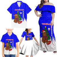 Slovenia Christmas Family Matching Off Shoulder Maxi Dress and Hawaiian Shirt with Bear Potica Cake Snowy Tree and National Emblem Design - Wonder Print Shop