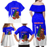 Slovenia Christmas Family Matching Off Shoulder Maxi Dress and Hawaiian Shirt with Bear Potica Cake Snowy Tree and National Emblem Design - Wonder Print Shop