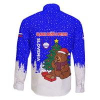 Slovenia Christmas Family Matching Off Shoulder Short Dress and Hawaiian Shirt with Bear Potica Cake Snowy Tree and National Emblem Design - Wonder Print Shop