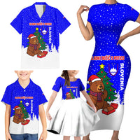 Slovenia Christmas Family Matching Short Sleeve Bodycon Dress and Hawaiian Shirt with Bear Potica Cake Snowy Tree and National Emblem Design - Wonder Print Shop