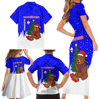 Slovenia Christmas Family Matching Short Sleeve Bodycon Dress and Hawaiian Shirt with Bear Potica Cake Snowy Tree and National Emblem Design - Wonder Print Shop