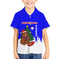 Slovenia Christmas Family Matching Short Sleeve Bodycon Dress and Hawaiian Shirt with Bear Potica Cake Snowy Tree and National Emblem Design - Wonder Print Shop