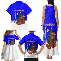 Slovenia Christmas Family Matching Tank Maxi Dress and Hawaiian Shirt with Bear Potica Cake Snowy Tree and National Emblem Design - Wonder Print Shop