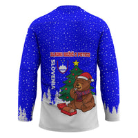Slovenia Christmas Hockey Jersey with Bear Potica Cake Snowy Tree and National Emblem Design - Wonder Print Shop