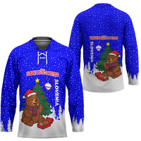 Slovenia Christmas Hockey Jersey with Bear Potica Cake Snowy Tree and National Emblem Design - Wonder Print Shop