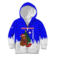 Slovenia Christmas Kid Hoodie with Bear Potica Cake Snowy Tree and National Emblem Design - Wonder Print Shop