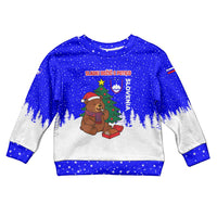Slovenia Christmas Kid Ugly Christmas Sweater with Bear Potica Cake Snowy Tree and National Emblem Design - Wonder Print Shop
