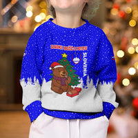 Slovenia Christmas Kid Ugly Christmas Sweater with Bear Potica Cake Snowy Tree and National Emblem Design - Wonder Print Shop
