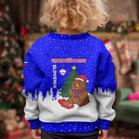 Slovenia Christmas Kid Ugly Christmas Sweater with Bear Potica Cake Snowy Tree and National Emblem Design - Wonder Print Shop