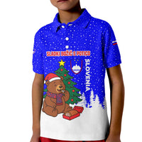 Slovenia Christmas Kid Polo Shirt with Bear Potica Cake Snowy Tree and National Emblem Design - Wonder Print Shop