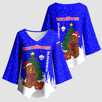 Slovenia Christmas Kimono Sleeve Blouse with Bear Potica Cake Snowy Tree and National Emblem Design - Wonder Print Shop