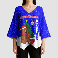 Slovenia Christmas Kimono Sleeve Blouse with Bear Potica Cake Snowy Tree and National Emblem Design - Wonder Print Shop