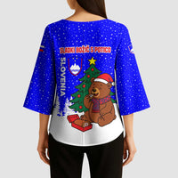 Slovenia Christmas Kimono Sleeve Blouse with Bear Potica Cake Snowy Tree and National Emblem Design - Wonder Print Shop