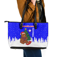 Slovenia Christmas Leather Tote Bag with Bear Potica Cake Snowy Tree and National Emblem Design - Wonder Print Shop