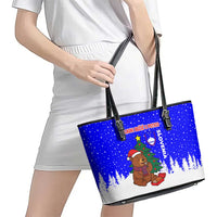 Slovenia Christmas Leather Tote Bag with Bear Potica Cake Snowy Tree and National Emblem Design - Wonder Print Shop