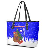Slovenia Christmas Leather Tote Bag with Bear Potica Cake Snowy Tree and National Emblem Design - Wonder Print Shop