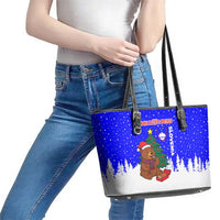 Slovenia Christmas Leather Tote Bag with Bear Potica Cake Snowy Tree and National Emblem Design - Wonder Print Shop
