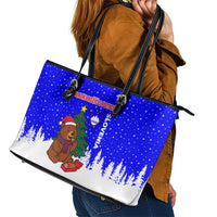 Slovenia Christmas Leather Tote Bag with Bear Potica Cake Snowy Tree and National Emblem Design - Wonder Print Shop