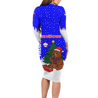 Slovenia Christmas Long Sleeve Bodycon Dress with Bear Potica Cake Snowy Tree and National Emblem Design - Wonder Print Shop