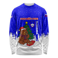 Slovenia Christmas Long Sleeve Shirt with Bear Potica Cake Snowy Tree and National Emblem Design - Wonder Print Shop