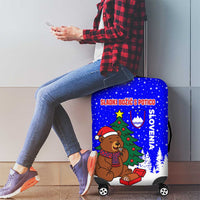 Slovenia Christmas Luggage Cover with Bear Potica Cake Snowy Tree and National Emblem Design - Wonder Print Shop