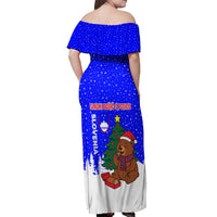 Slovenia Christmas Off Shoulder Maxi Dress with Bear Potica Cake Snowy Tree and National Emblem Design - Wonder Print Shop