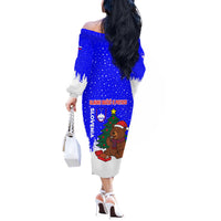 Slovenia Christmas Off The Shoulder Long Sleeve Dress with Bear Potica Cake Snowy Tree and National Emblem Design - Wonder Print Shop