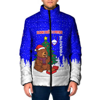 Slovenia Christmas Padded Jacket with Bear Potica Cake Snowy Tree and National Emblem Design - Wonder Print Shop