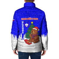 Slovenia Christmas Padded Jacket with Bear Potica Cake Snowy Tree and National Emblem Design - Wonder Print Shop