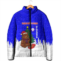 Slovenia Christmas Padded Jacket with Bear Potica Cake Snowy Tree and National Emblem Design - Wonder Print Shop
