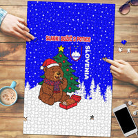 Slovenia Christmas Puzzle with Bear Potica Cake Snowy Tree and National Emblem Design - Wonder Print Shop