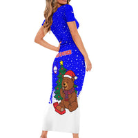 Slovenia Christmas Short Sleeve Bodycon Dress with Bear Potica Cake Snowy Tree and National Emblem Design - Wonder Print Shop