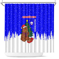 Slovenia Christmas Shower Curtain with Bear Potica Cake Snowy Tree and National Emblem Design - Wonder Print Shop