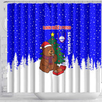 Slovenia Christmas Shower Curtain with Bear Potica Cake Snowy Tree and National Emblem Design - Wonder Print Shop