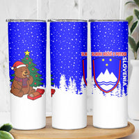 Slovenia Christmas Skinny Tumbler with Bear Potica Cake Snowy Tree and National Emblem Design - Wonder Print Shop