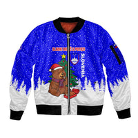 Slovenia Christmas Sleeve Zip Bomber Jacket with Bear Potica Cake Snowy Tree and National Emblem Design - Wonder Print Shop