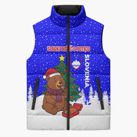 Slovenia Christmas Sleeveless Puffer Jacket with Bear Potica Cake Snowy Tree and National Emblem Design - Wonder Print Shop