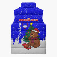 Slovenia Christmas Sleeveless Puffer Jacket with Bear Potica Cake Snowy Tree and National Emblem Design - Wonder Print Shop