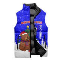 Slovenia Christmas Sleeveless Puffer Jacket with Bear Potica Cake Snowy Tree and National Emblem Design - Wonder Print Shop