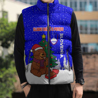Slovenia Christmas Sleeveless Puffer Jacket with Bear Potica Cake Snowy Tree and National Emblem Design - Wonder Print Shop