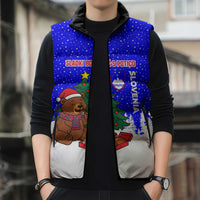 Slovenia Christmas Sleeveless Puffer Jacket with Bear Potica Cake Snowy Tree and National Emblem Design - Wonder Print Shop