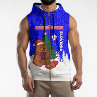 Slovenia Christmas Sleeveless Zip Hoodie with Bear Potica Cake Snowy Tree and National Emblem Design - Wonder Print Shop